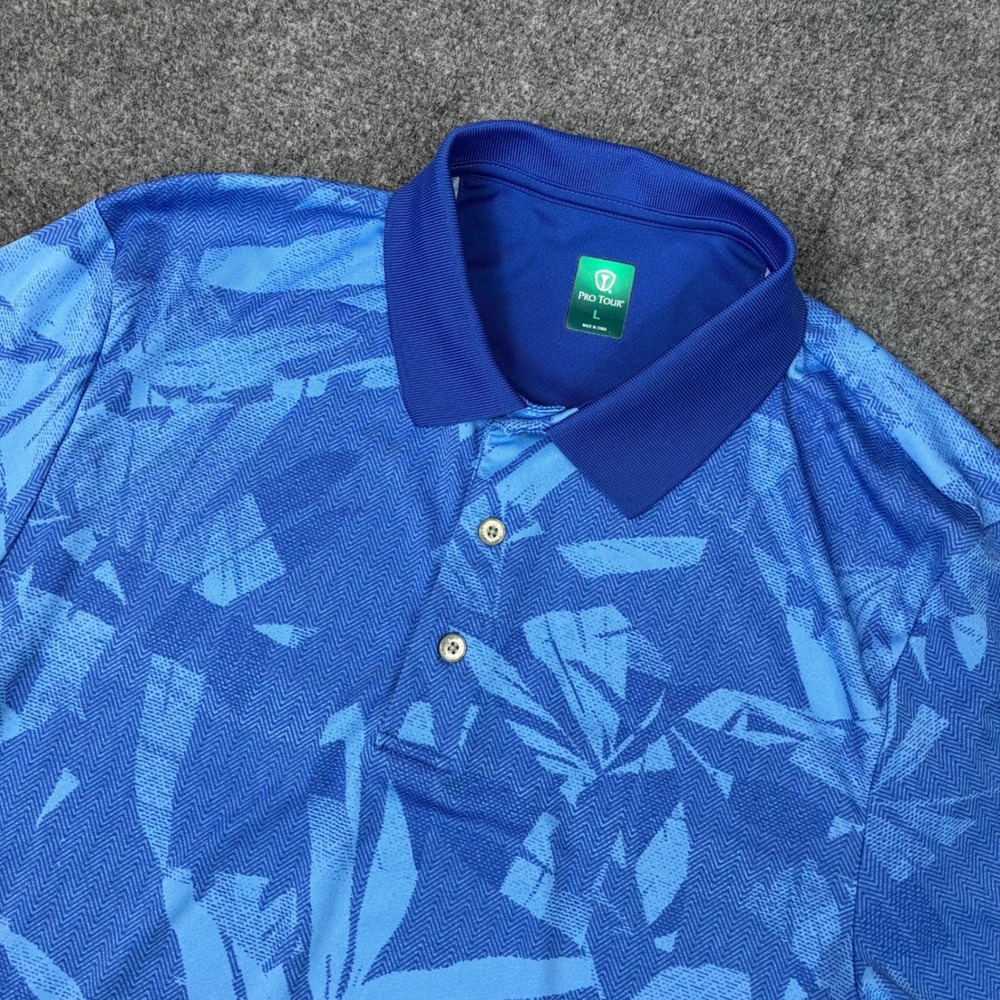 Pro Tour Mens Blue Tropical Chevron Golf Polo Shirt Large L Short Sleeve